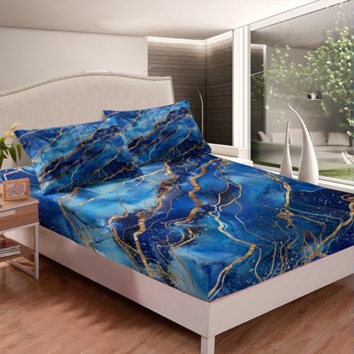 Navy Blue Marble Texture Bed Sheets Set Teal Abstract Fitted Sheet for Kids Boys Girls Navy Blue Gold Decorative Bedding Set Golden Streaks Bed Cover 2Pcs Twin Size - color: Multi 06, size: Twin