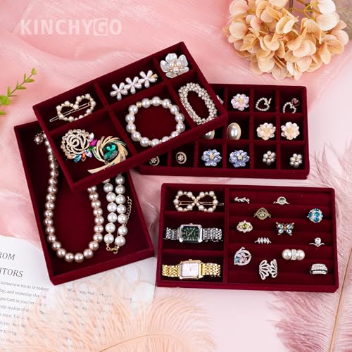 4 Pack Stackable Velvet Jewelry Trays Organizer Drawer Inserts Container Display Storage Box for Necklaces Bracelets (Red)