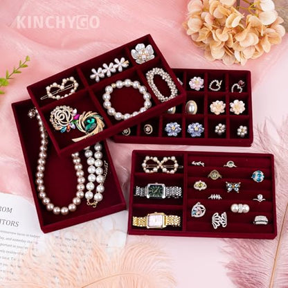 4 Pack Stackable Velvet Jewelry Trays Organizer Drawer Inserts Container Display Storage Box for Necklaces Bracelets (Red)