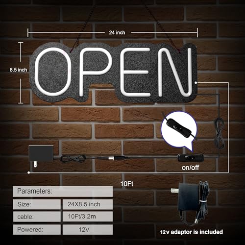 24 inch Neon Open Signs for Business, Open Sign With Textured Backboard LED Anti-Scratch Easy Dedust Neon Light for Business(White) - color: White