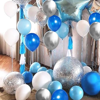 OuMuaMua 62pcs Blue Silver White Confetti Balloons Kit, 12 Inch White Royal Blue Metallic Silver Confetti Balloons for Boy Birthday Baby Shower Graduation Party Supplies - color: Blue White Silver