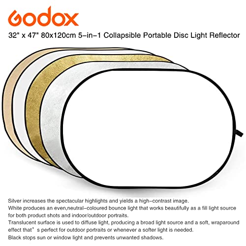 GODOX 32”x47” 80x120cm 5-in-1 Collapsible Portable Disc Light Reflector with Bag for Studio and Photography - Gold, Silver, Black, White, Translucent.