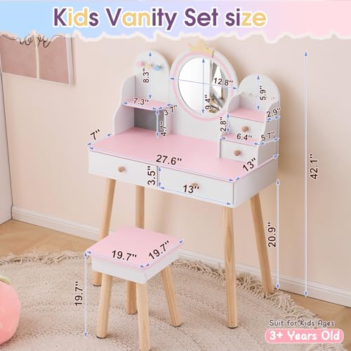 Kids Vanity Set with Jewelry Organizer for Princess, Girls Vanity Table and Chair Set with Drawers & Necklace Hooks, Toddler Makeup Dressing Table with Open Shelves, White