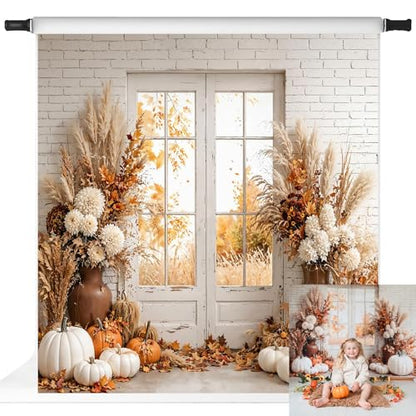 Kate Fall Photography Backdrops Autumn Harvest Pumpkin White Brick Wall Boho Theme Photography Props, 8x8ft