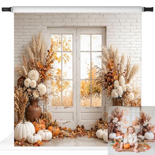 Kate Fall Photography Backdrops Autumn Harvest Pumpkin White Brick Wall Boho Theme Photography Props, 8x8ft