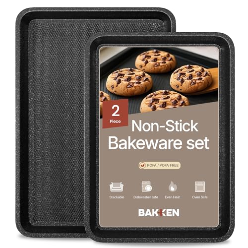 Diamond Bottom Cookie Sheet Set of 2, Nonstick Gray Marble Carbon Steel Baking Pans for Crisp Baking, Space-Saving Stackable Trays, PFOA, PFOS, PTFE Free, Oven Safe Up to 450°F, Small & Medium Pans - color: Gray Marble, size: Pack of 2