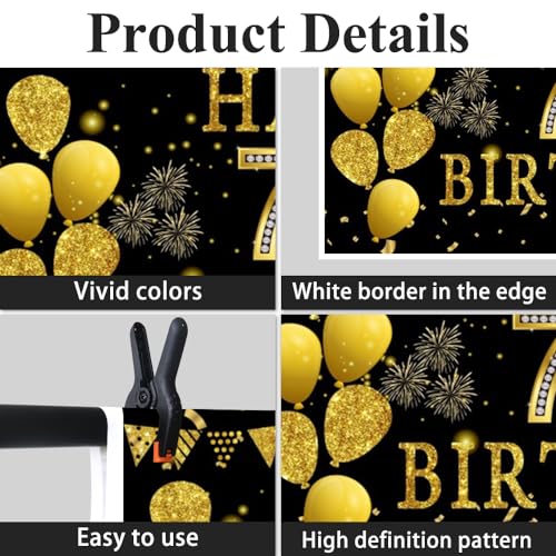 5x3ft Happy 70th Birthday Party Photography Backdrop, Glitter Black and Gold Balloons Background for Woman Man Fabulous 70 Bday Shining Diamond Seventy Years Old Birthday Party Supplies - color: 70th, size: 5x3ft