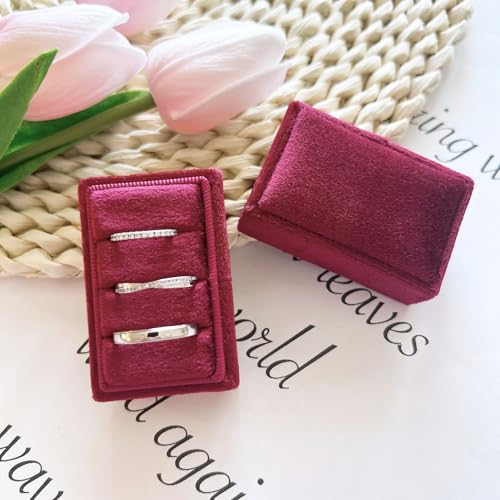 Rectangle 3 Slots Italian Velvet Jewelry Box Engagement Wedding Photo Ring Box Keepsake Box Triple Ring Gift Box (Red) - color: Red