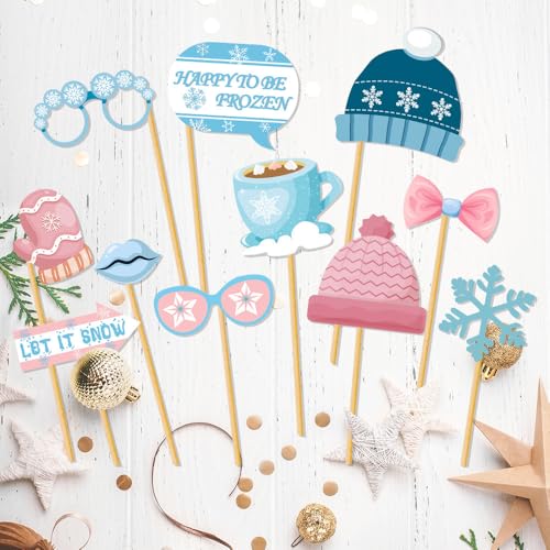 20PCS Snowman Photo Booth Props Winter Wonderland Booth Props Snowflake Frozen Party Decorations for Winter Holiday Christmas Party Supplies