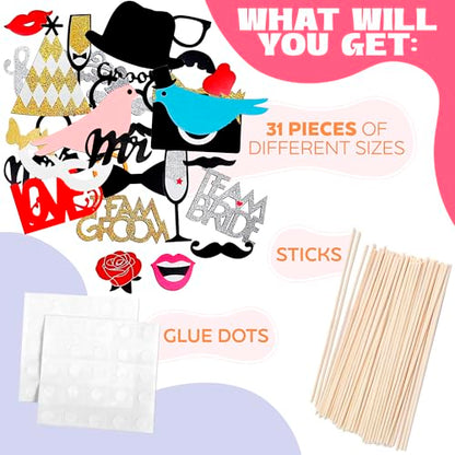 31Pcs Wedding Photo Booth Props – Funny Photo Booth Accessories with Variety Themes – Diverse & Vibrant Props For Photobooth, Designed to Elevate Wedding, Birthday & Party Photoshoots