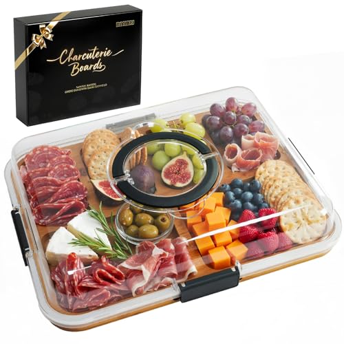 Renmxj Carbonized Charcuterie Board with Lid, Portable Cheese Board Charcuterie Boxes Cutting Boards for Kitchen, House Warming Gifts New Home, Gifts for Women (Carbonized Bamboo, 6 Compartments) - color: Carbonized Bamboo, size: 6 Compartments