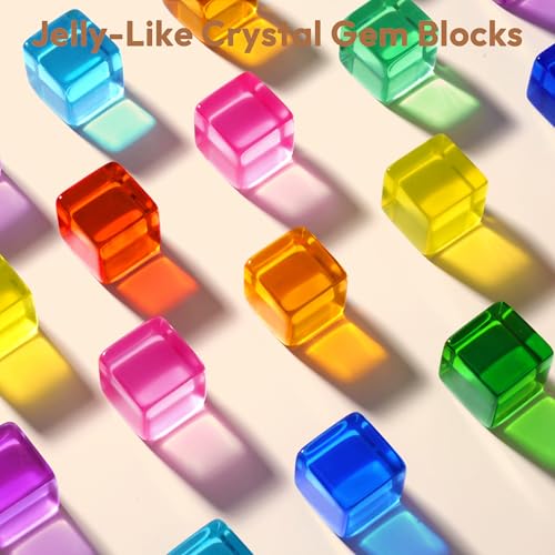 Woodtoe Wooden Building Blocks for Kids, 48 PCS Rainbow Acrylic Gem Cubes Blocks - 32 Wooden Blocks, Montessori Stacking Toy for Toddlers, Educational STEM Learning Sensory Toy Gifts for Boy Girl 3-6 - style: 80 PCS Rainbow Blocks Set