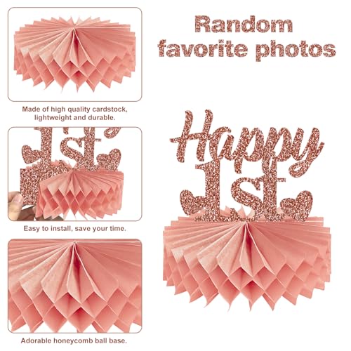 Guiruiy 8Pcs 1st Birthday Decorations Honeycomb Centerpieces for Girls, Pink Rose Gold Glitter First Birthday Photo Table Centerpieces Party Supplies, Pink Sweet One Bday Photo Table Topper - style: Rose Gold 1st