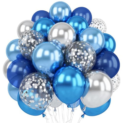 Blue Silver Balloons Set, 12 Inch Blue and Silver Balloons Dark Navy and Confetti Party Latex Balloon, Macaron Metallic Baby Blue Mixed Balloon for Birthday Graduation Baby Shower Wedding Retirement - color: Blue Silver