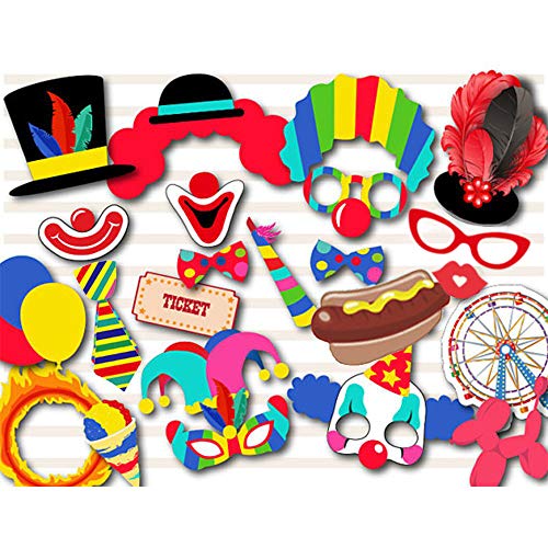 Circus Carnival Birthday Photo Booth Props Kit(24Pcs) Circus Carnival Party Favors with Long Paper Sticks