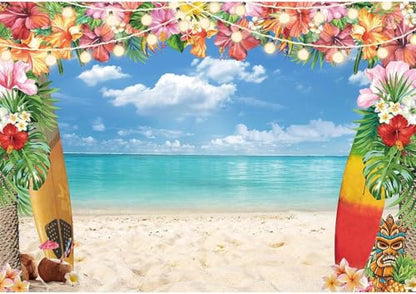 12X8FT Summer Hawaiian Luau Beach Backdrop for Photography Tropical Flower Luau Hawaiian Party Decorations Aloha Blue Sky Ocean Palm Leaves Background Supplies Photoshoot - size: 12'x8'