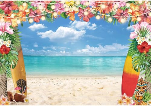 12X8FT Summer Hawaiian Luau Beach Backdrop for Photography Tropical Flower Luau Hawaiian Party Decorations Aloha Blue Sky Ocean Palm Leaves Background Supplies Photoshoot - size: 12'x8'