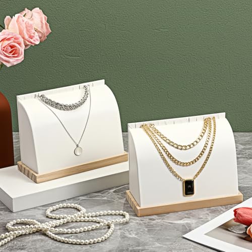2 Pack Cambered Wooden Necklace Display Stand, Soft Mat Necklace Holder Tabletop Jewelry Display Storage Holder for Necklaces Pendant (White, PU Leather)