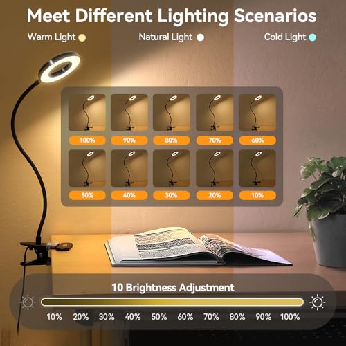 Skymore Desk Clip on Light, [3 Color Modes & 10 Brightness] LED Reading Light with Clamp, Flexible Gooseneck Book Light for Kids Reading Book in Bed, Headboard-Black - color: Black