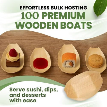 Dtocs Disposable Wooden Boat Plates 100 Pc – 80 mm Biodegradable Wood Serving Boats | Eco-Friendly Food Boats for Sushi, Desserts, Dips, Sauces | Alternate to Plastic, Bamboo, Paper Plates - size: 80mm-100 Pcs
