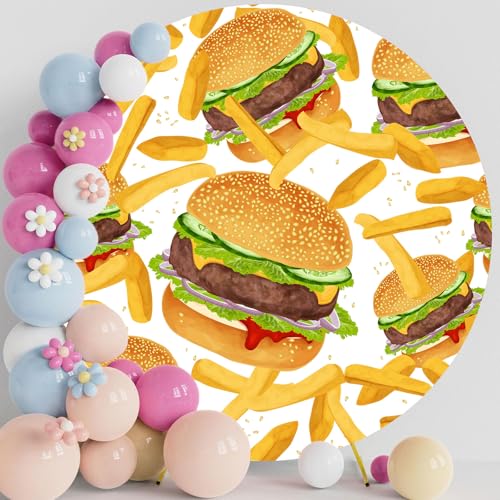 Hamburger French Fries Round Backdrop Cover 7.2x7.2ft Fast Food Photograhy Background Birthday Party Supplies Burger Shop Decoration Banner Photo Booth Props - size: 7.2x7.2