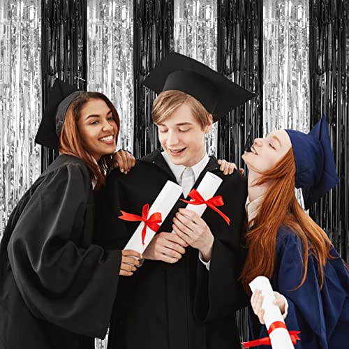 PIGETALE, 2 Pack 3.2 x 8.2 ft Black and Silver Foil Fringe Curtains Party Decorations, Sparkle Tinsel Curtain Photo Backdrop for Birthday Wedding Graduation Stream - color: Black and Silver