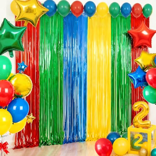 4 Packs Blue Red Green Yellow Foil Fringe Curtain, Blue Red Green Yellow Glitter Metallic Tinsel Backdrop for Birthday, Baby Shower, Video Game Theme Party Decorations Supplies - color: Blue Red Green Yellow