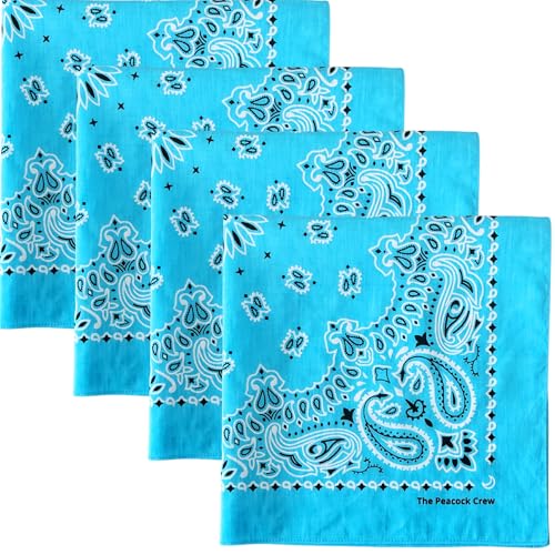 The Peacock Crew Premium Soft Cotton Bandanas Pack for Men and Women Paisley 22 x 22 inches - color: Pack of 4 Azur Blue