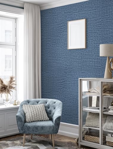 Blue Wallpaper Grasscloth Peel and Stick Wallpaper 17.7inch x 196.8inch Textured Wall Paper Stick and Peel Blue Contact Paper Grasscloth Faux Linen Removable Navy Waterproof Self Adhesive Vinyl - color: Blue, size: 17.7" x 196.8"