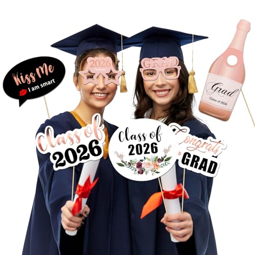 Konsait Rose Gold Graduation Photo Booth Props Party Supplies Graduation Photo Props Class of 2026 Grad Decor with Sticks, Class Decorations Graduation Party Favors Decor Accessories(39Count)