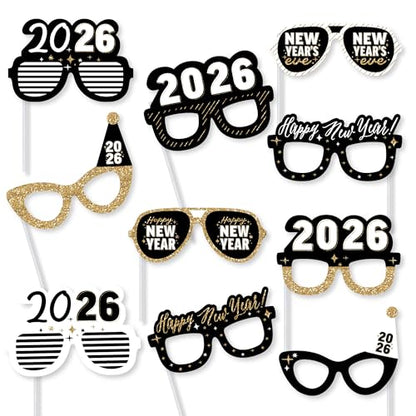 Big Dot of Happiness Hello New Year Glasses - Paper Card Stock 2026 NYE Party Photo Booth Props Kit - 10 Count