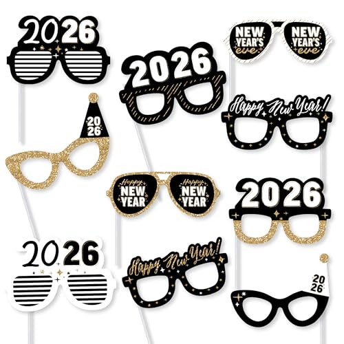 Big Dot of Happiness Hello New Year Glasses - Paper Card Stock 2026 NYE Party Photo Booth Props Kit - 10 Count