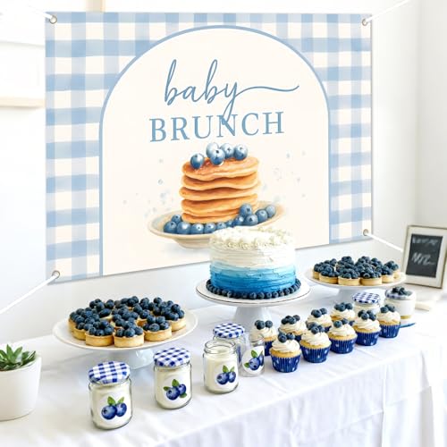 Blueberry Baby Brunch Backdrop Blue Gingham Brunch Themed Party Decorations Breakfast Food Photography Background for Boys Girls Let's Brunchs Theme Baby Shower Indoor Outdoor Photo Props 5 * 3ft - color: blue gingham
