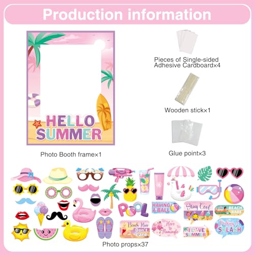 38 Pcs Summer Photo Booth Props Frame, Pink Summer Party Decorations Props, Beach Party Decorations Beach Photo Booth Flamingo Picture Props for Party