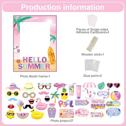 38 Pcs Summer Photo Booth Props Frame, Pink Summer Party Decorations Props, Beach Party Decorations Beach Photo Booth Flamingo Picture Props for Party