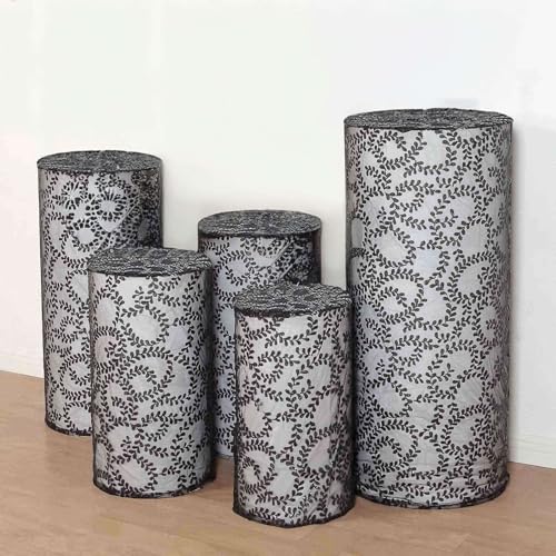 Efavormart Set of 5 Black Sequin Mesh Cylinder Display Box Stand Covers with Leaf Vine Embroidery, Sparkly Sheer Tulle Pedestal Pillar Prop Covers - color: Black, size: Sequin Mesh Cylinder Covers - Leaf Pattern