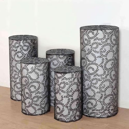 Efavormart Set of 5 Black Sequin Mesh Cylinder Display Box Stand Covers with Leaf Vine Embroidery, Sparkly Sheer Tulle Pedestal Pillar Prop Covers - color: Black, size: Sequin Mesh Cylinder Covers - Leaf Pattern