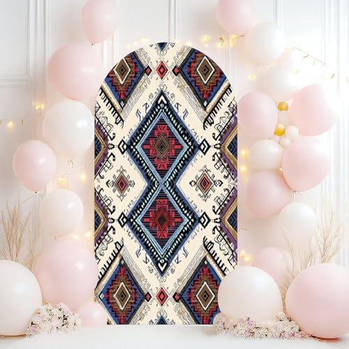 Wedding Arch Backdrop Cover 6.6FT Geometric Ethnic African American Mexican Western Aztec Motif Spandex Fitted Arch Cover Round Top Stands Cover for Birthday Party Ceremony Banquet Decoration - color: Color1, size: 6.6x3 FT