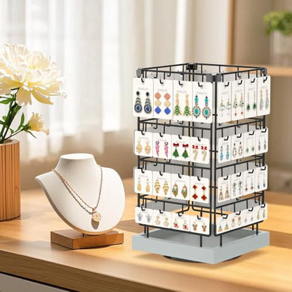 EsLuker.ly Rotating Earring Display Holder Stand for Vendors Events Selling, Large Capacity 64 Hooks Jewelry Rack with Wooden Base for Earring Card Sales, Enhances Retail Visibility (Light Grey) - color: Light Grey+Black
