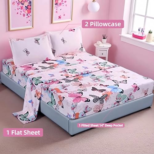 MAG 4PCS Twin Size Butterfly Bedding Sheet Set, Home Microfiber Bed Sheet, with1 Top Flat & 1 Fitted Sheet with 2 Pillowcases, 14 Inches Deep, Twin - color: Pink, size: Twin