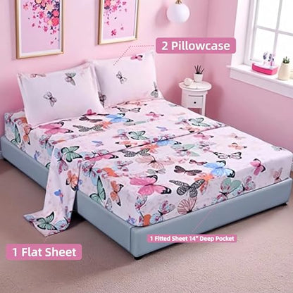 MAG 4PCS Twin Size Butterfly Bedding Sheet Set, Home Microfiber Bed Sheet, with1 Top Flat & 1 Fitted Sheet with 2 Pillowcases, 14 Inches Deep, Twin - color: Pink, size: Twin