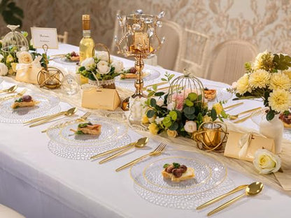 Rubtlamp 60Pcs Clear Plastic Plates,Clear Disposable Plates With Gold Rim,Heavy-duty Gold Plates,Hammered Party Plates Include 30Clear Dessert-Platos,30Dinner-Platos for Wedding, Party - color: Clear Gold