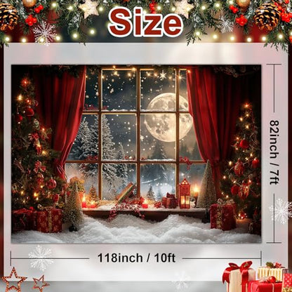 Avezano 10x7 ft Christmas Photo Backdrop Window Full Moon Night Background Red Curtain Christmas Eve Holiday Portrait Backdrop Photo Studio Props - size: 10x7ft