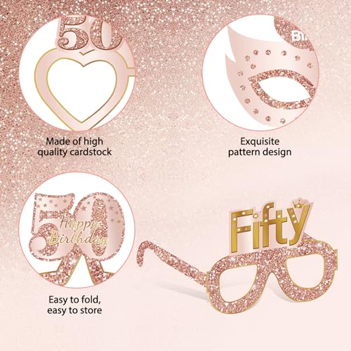 Guiruiy 24PCS 50th Birthday Paper Eyeglasses Decorations for Women, Pink Rose Gold Happy 50th Birthday Eyeglasses Party Supplies, Funny Fifty Year Old Birthday Glasses Photo Props Decor - style: Rose Gold 50th