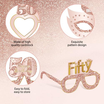 Guiruiy 24PCS 50th Birthday Paper Eyeglasses Decorations for Women, Pink Rose Gold Happy 50th Birthday Eyeglasses Party Supplies, Funny Fifty Year Old Birthday Glasses Photo Props Decor - style: Rose Gold 50th