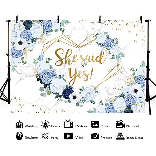 MEHOFOND 8x6ft She Siad Yes Floral Backdrop for Bridal Shower Blue and White Flowers Bride to Be Photography Background Hearts Geometric Couple Wedding Party Decorations Engagement Banner Props - color: Blue, size: 8x6ft