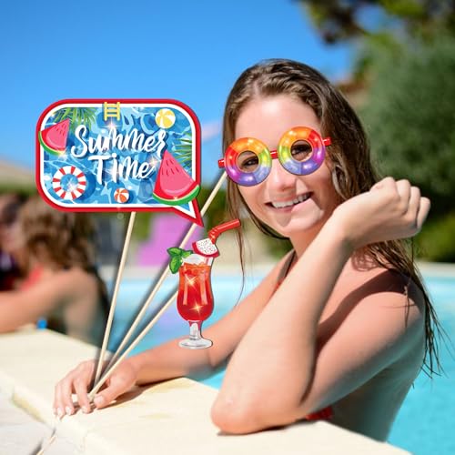 25Pcs Pool Photo Booth Props with Stick, Beach Theme Selfie Props, Summer Birthday Party Supplies, Swimming Photography Backdrop Decorations