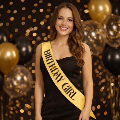 Gold Glitter Birthday Sash – Adjustable Satin Sash for Women, Teens & Adults – Fun Party Decoration & Photo Prop for 18th, 21st, 30th, 40th, 50th Birthdays - color: Gold Glitter