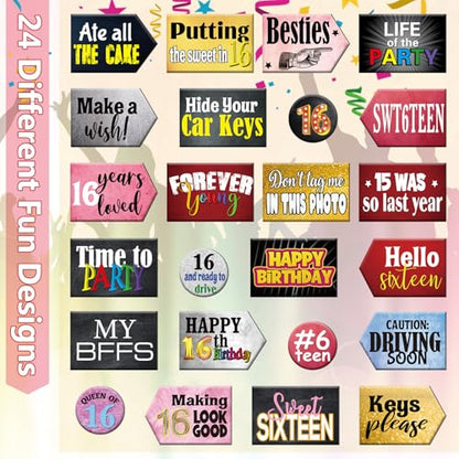 Beeveer 24 Design 16th Arrow Photo Booth Props 16th Birthday Party Decorations PVC Photo Booth Sign Double Sided for Birthday Party Supplies, Decorations and Favors - style: Birthday