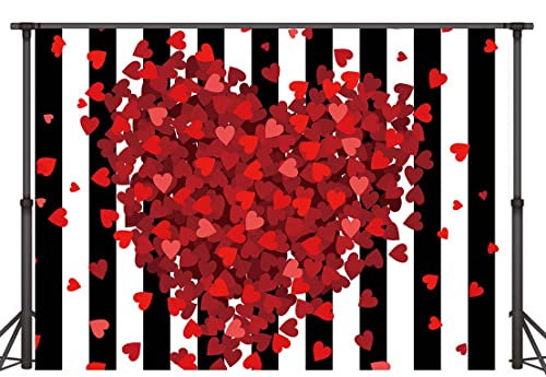 Red Hearts Backdrop for Wedding Anniversary, 5x3FT Black White Striped Background, Romantic Patry Banner Photo Booth Props RBJMYLU35 - size: polyester microfiber fabric-5x3ft